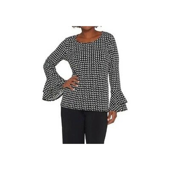 Susan Graver Printed Liquid Knit Top with Ruffle Cuffs Ivory Small - Picture 1 of 7